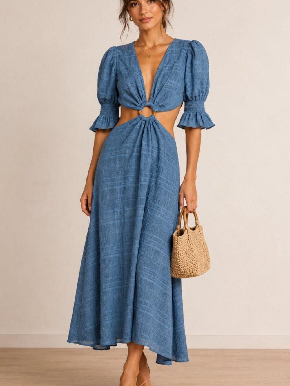 Blue Cutout Ring-Front Maxi Dress